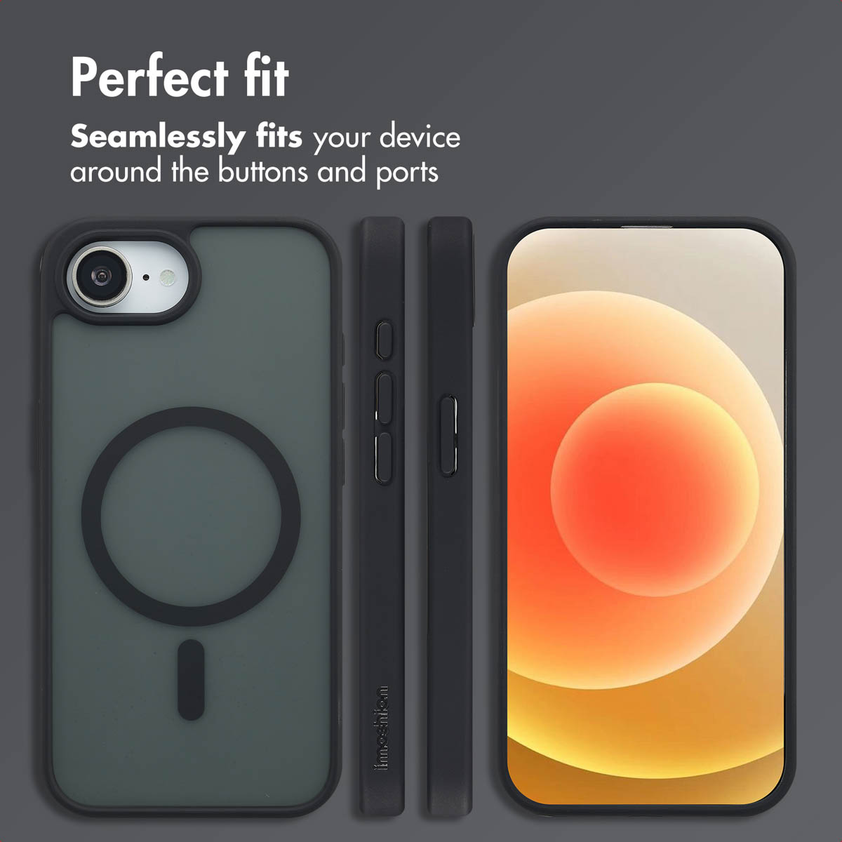 Coque de téléphone noire avec anneau MagSafe, vues latérales et smartphone à l'écran coloré.