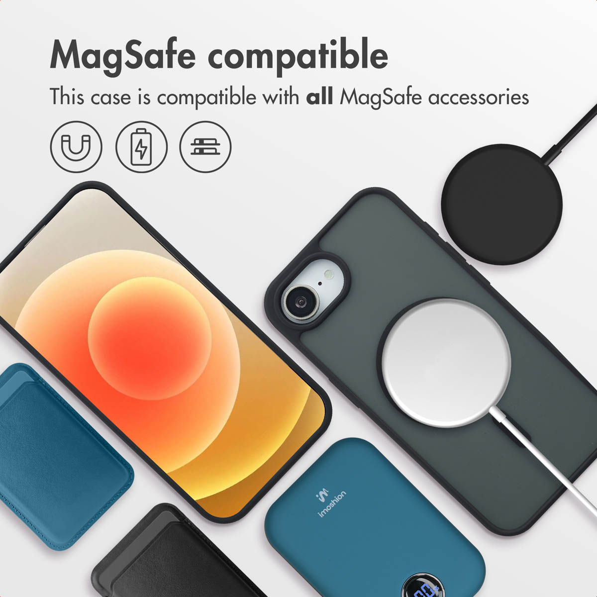 Coques de téléphone et accessoires compatibles MagSafe sur fond clair.