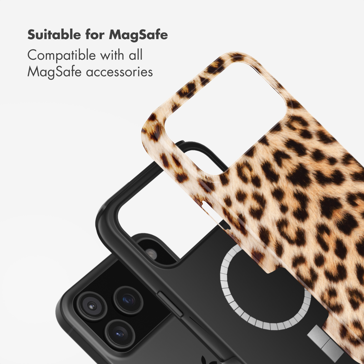 Leopardenmuster Handyhülle kompatibel mit MagSafe und Zubehör vor weißem Hintergrund.