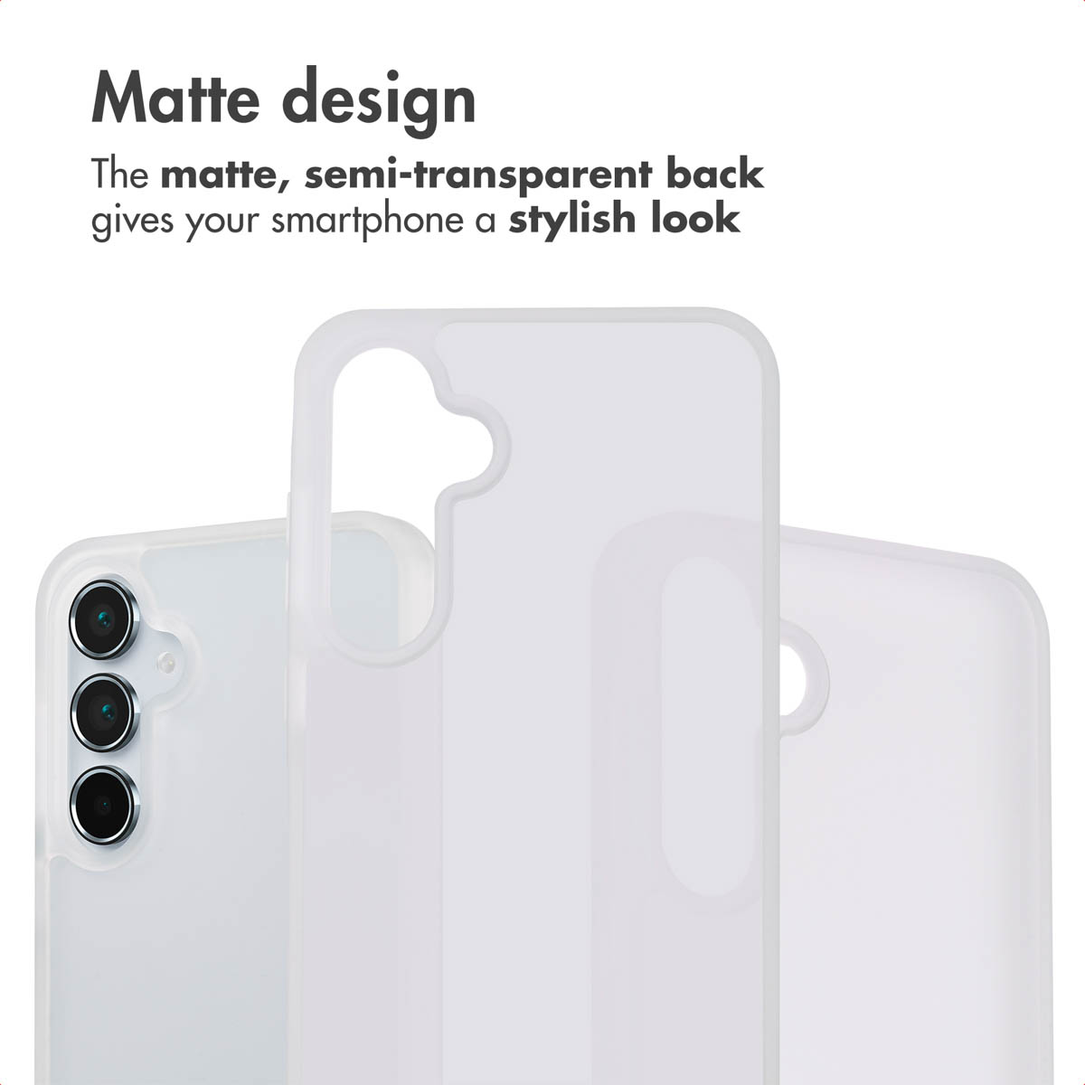La imagen muestra una funda de smartphone mate y semitransparente con texto arriba.