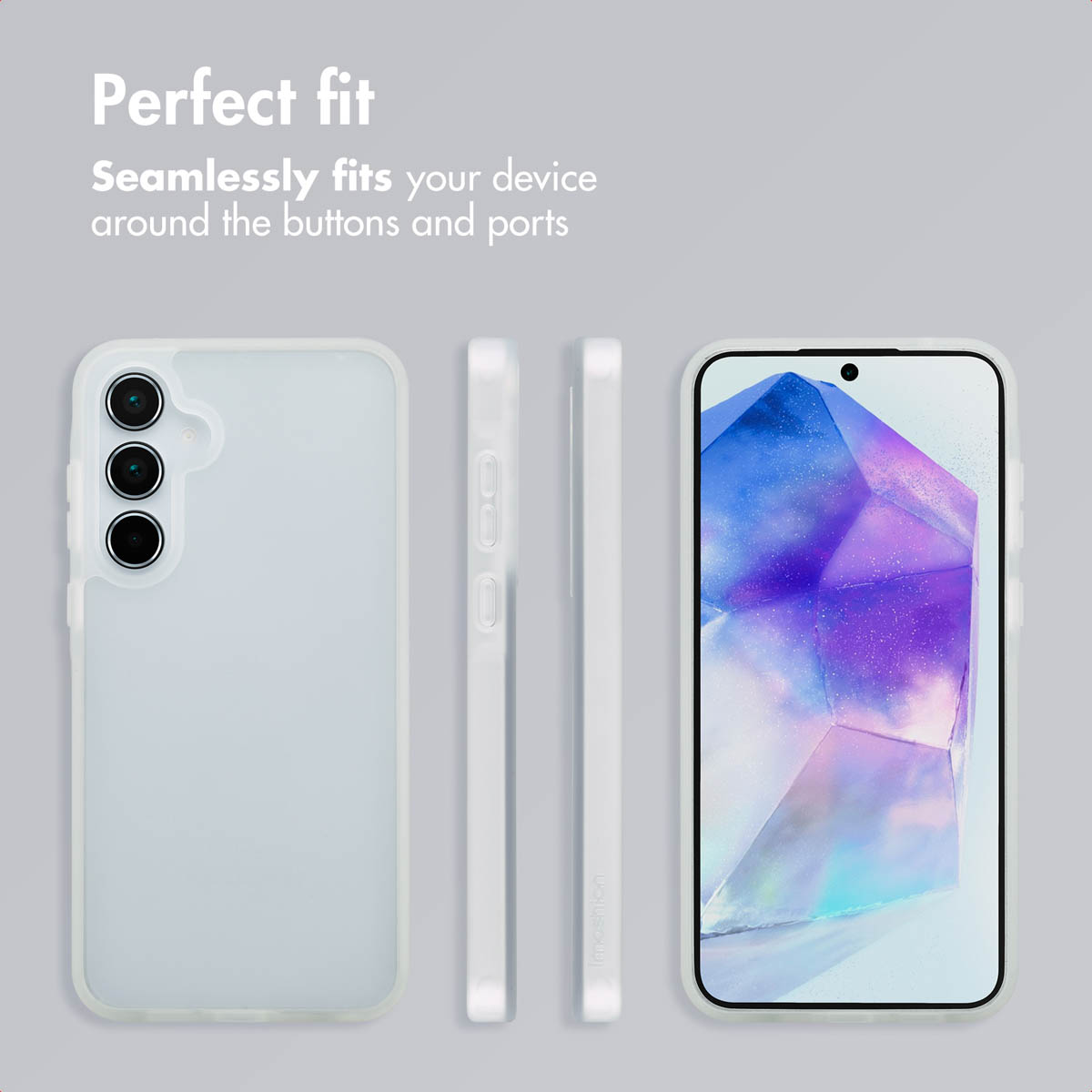 Funda protectora transparente para un smartphone con aberturas para botones, cámaras y puertos.