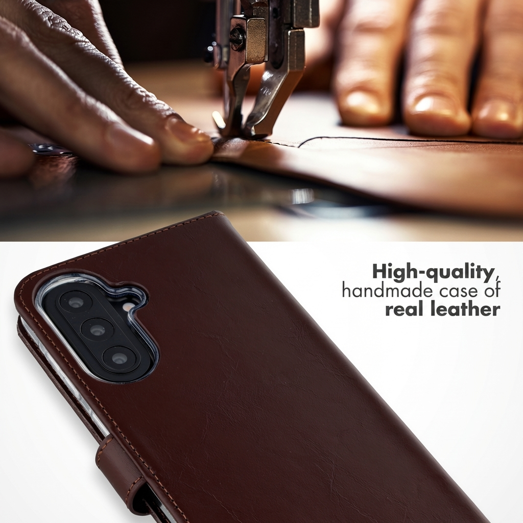 Étui de smartphone en cuir véritable fait main au premier plan, avec une machine à coudre du cuir à l'arrière-plan.