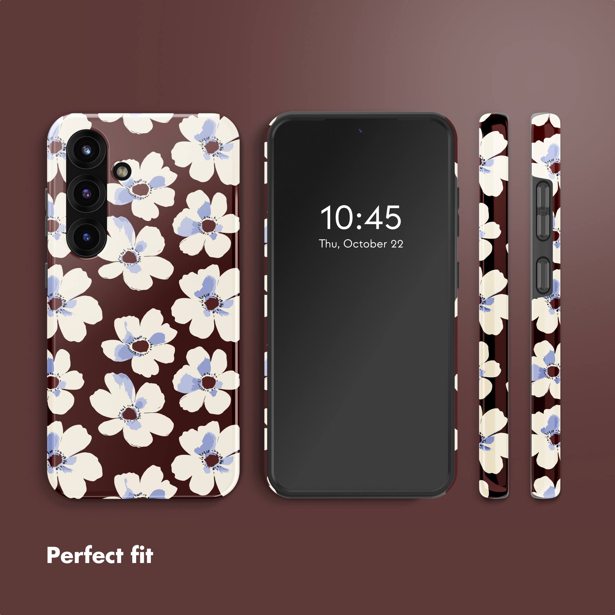 Smartphone mit einer dunkelroten Schutzhülle, die mit weißen und blauen Blumen bedruckt ist.