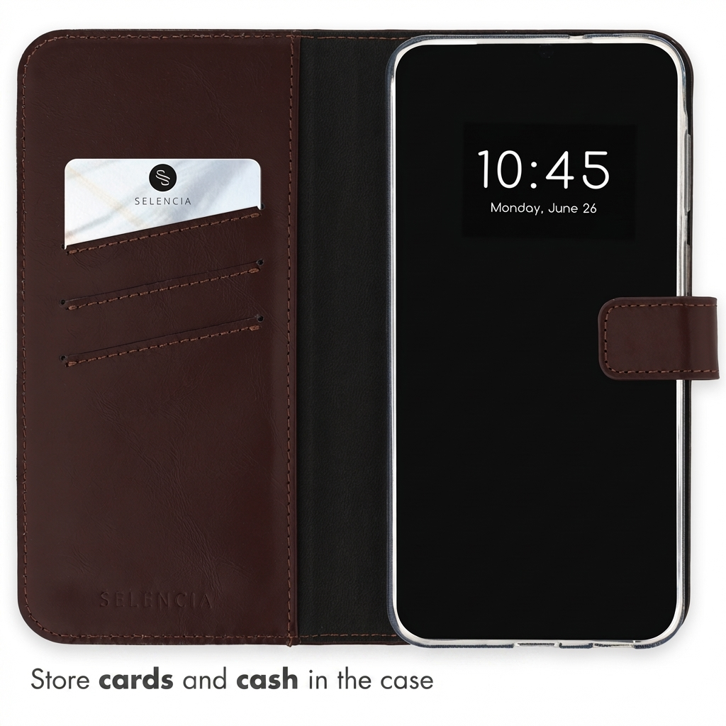 Étui portefeuille en cuir marron avec fentes pour cartes à gauche et smartphone à droite.