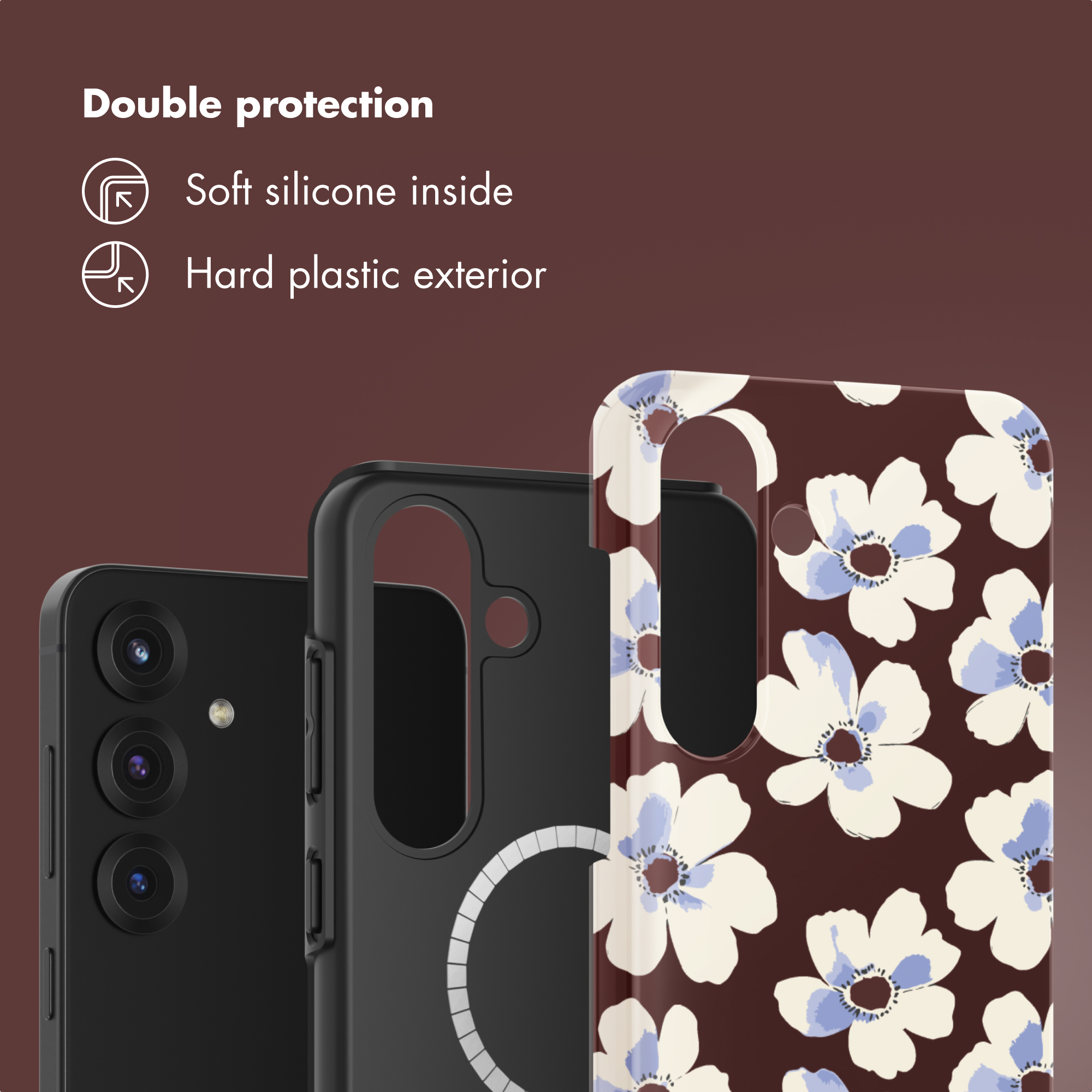 Eine Smartphone-Hülle mit braunem Blumenmuster, eine schwarze Hülle und ein schwarzes Telefon.