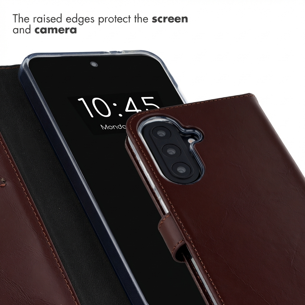 Un smartphone dans un étui à rabat en cuir marron avec des bords surélevés pour protéger l'écran.