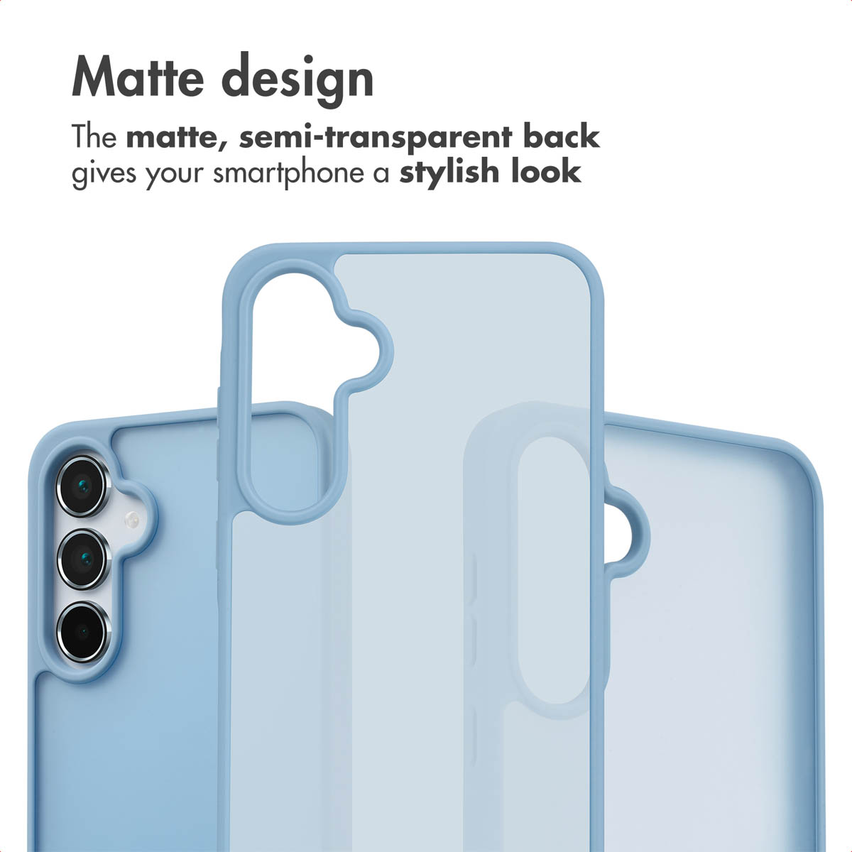Funda azul mate para smartphone con trasera semitransparente y recorte para cámara.