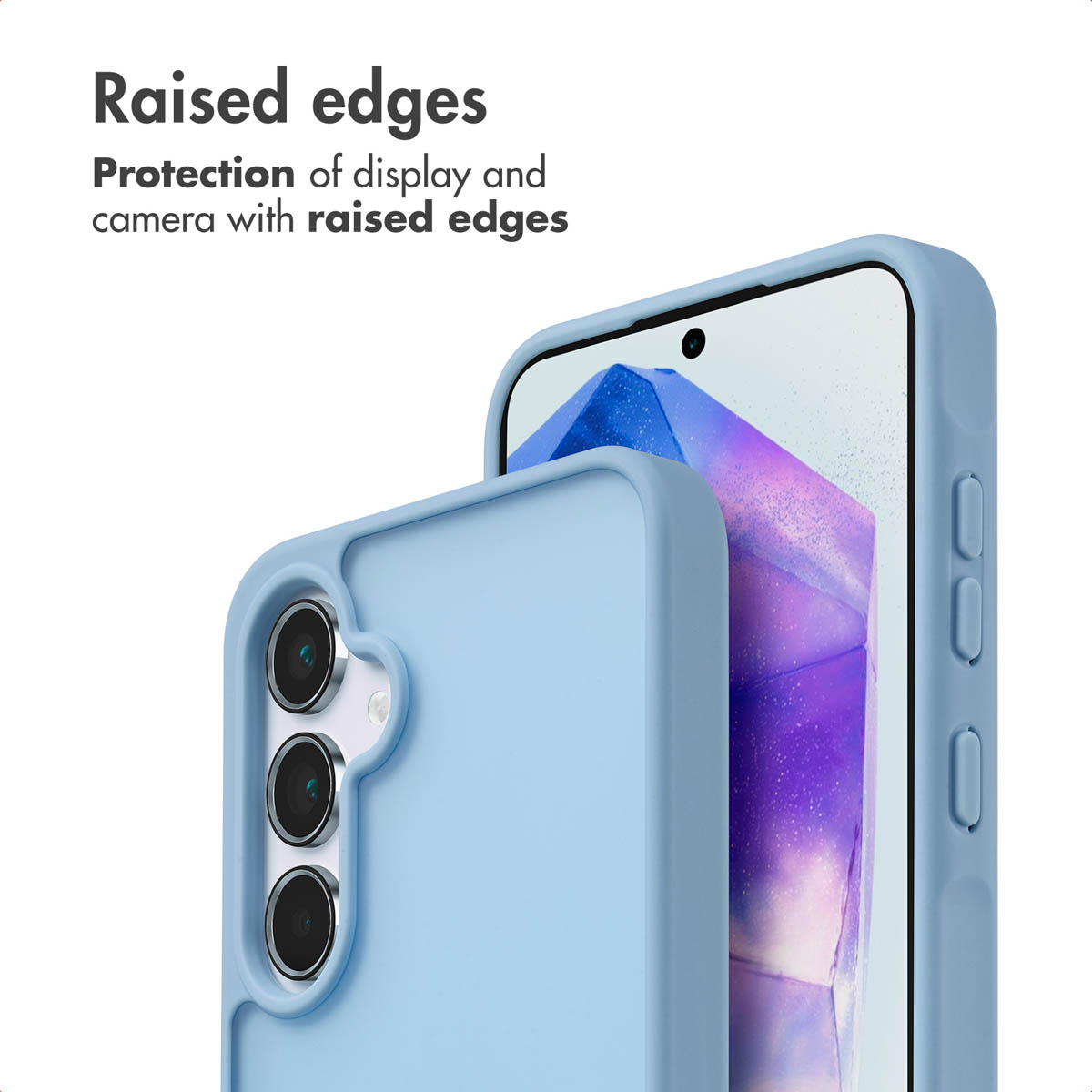 Fundas protectoras azules con bordes elevados para pantalla y cámara de un teléfono.