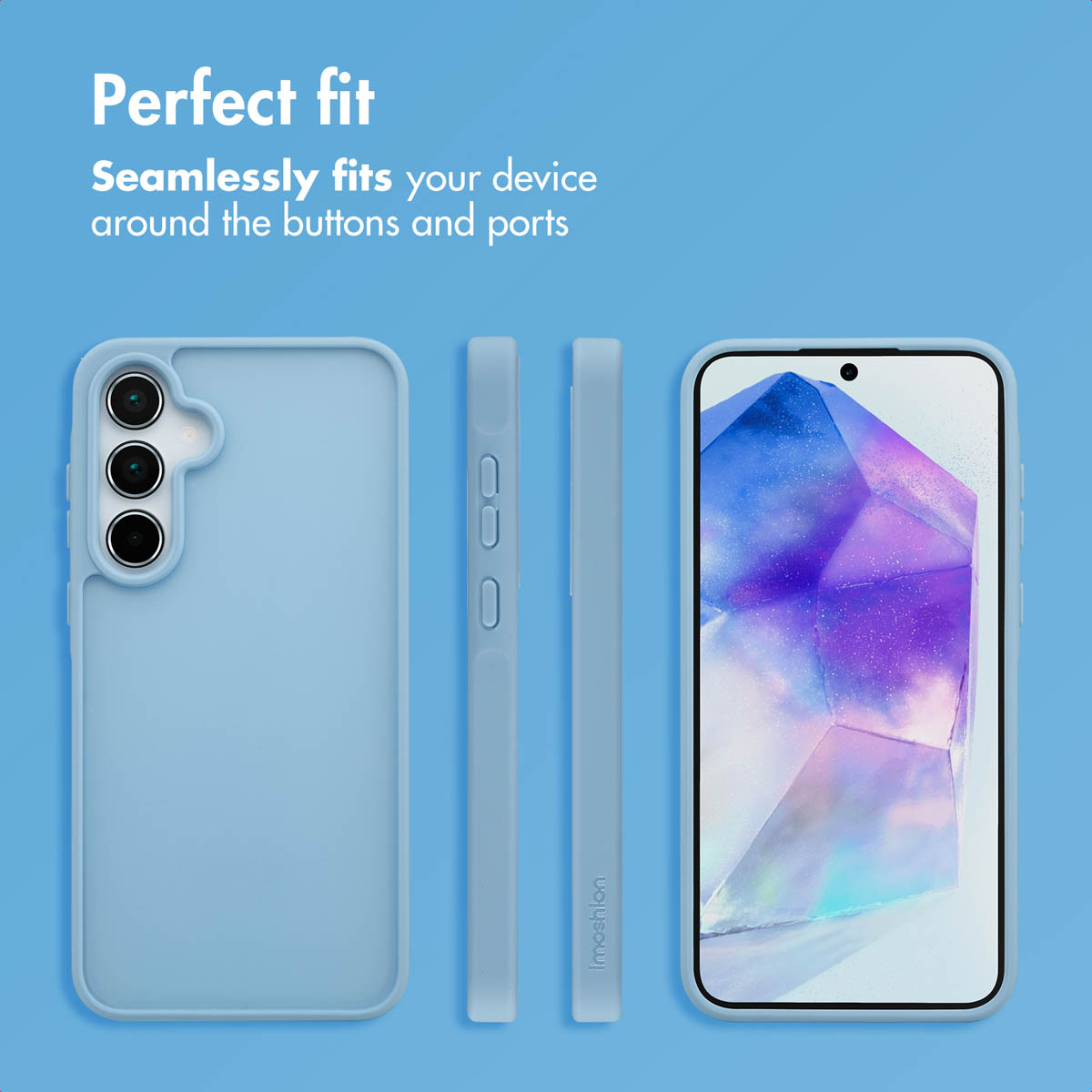 Funda de teléfono azul con recortes precisos para botones y puertos sobre fondo azul.