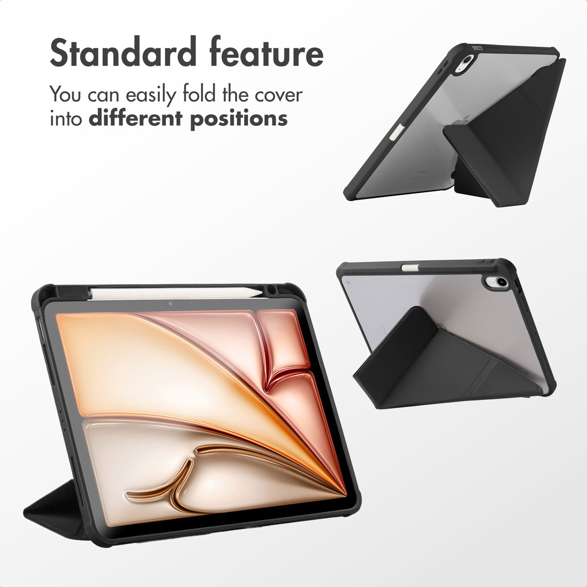 An iPad in a black case with a folding stand, showing different viewing positions and the text standard feature.