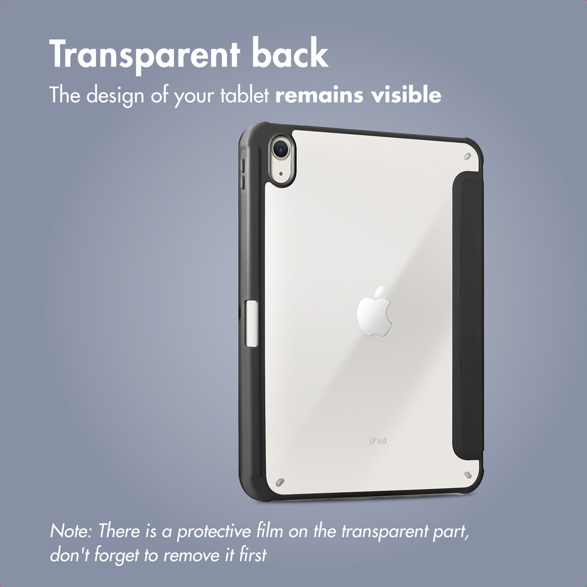 Back of a tablet in a clear case with a black frame on a grey background.