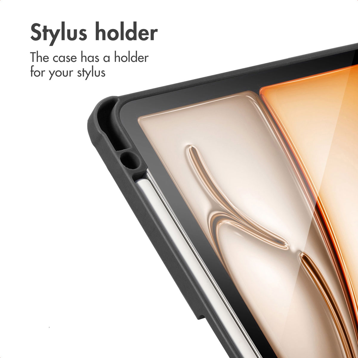 A tablet in a protective case featuring a built-in stylus holder.