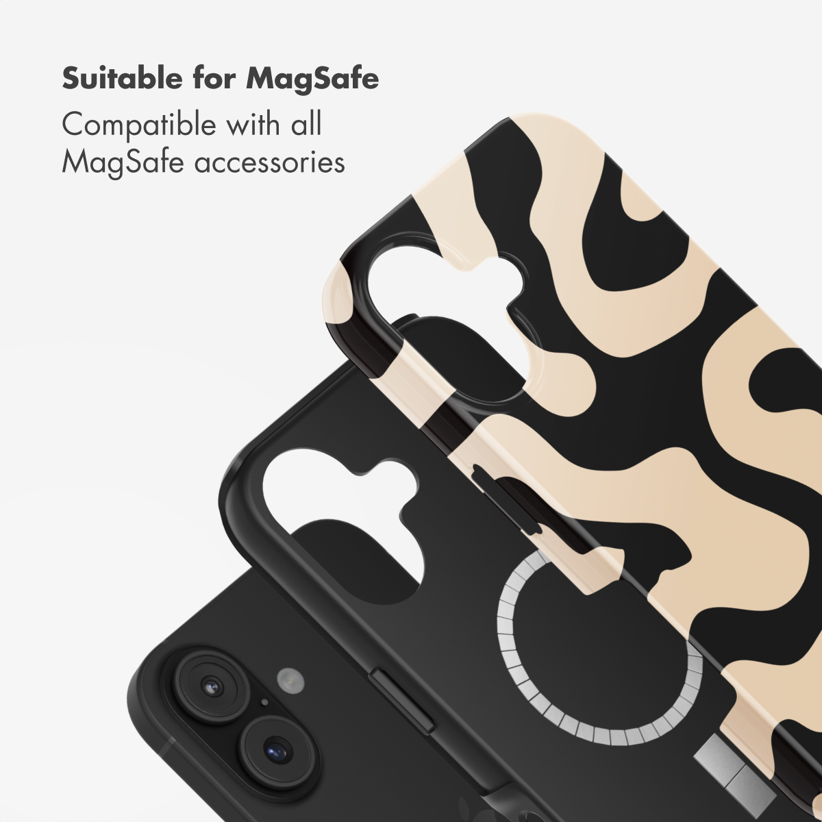Custodia compatibile MagSafe con design astratto ondulato nero e beige, anello magnetico interno e ritaglio fotocamera.