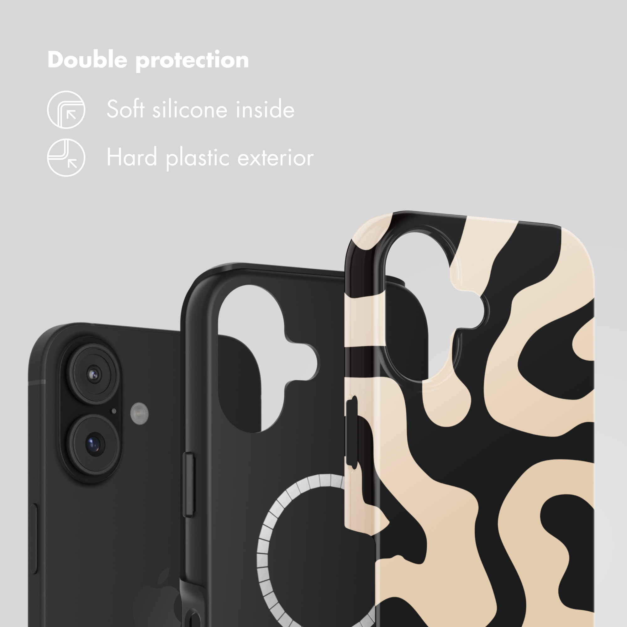 Tre cover per telefono che mostrano una doppia protezione con silicone morbido interno e plastica dura esterna.