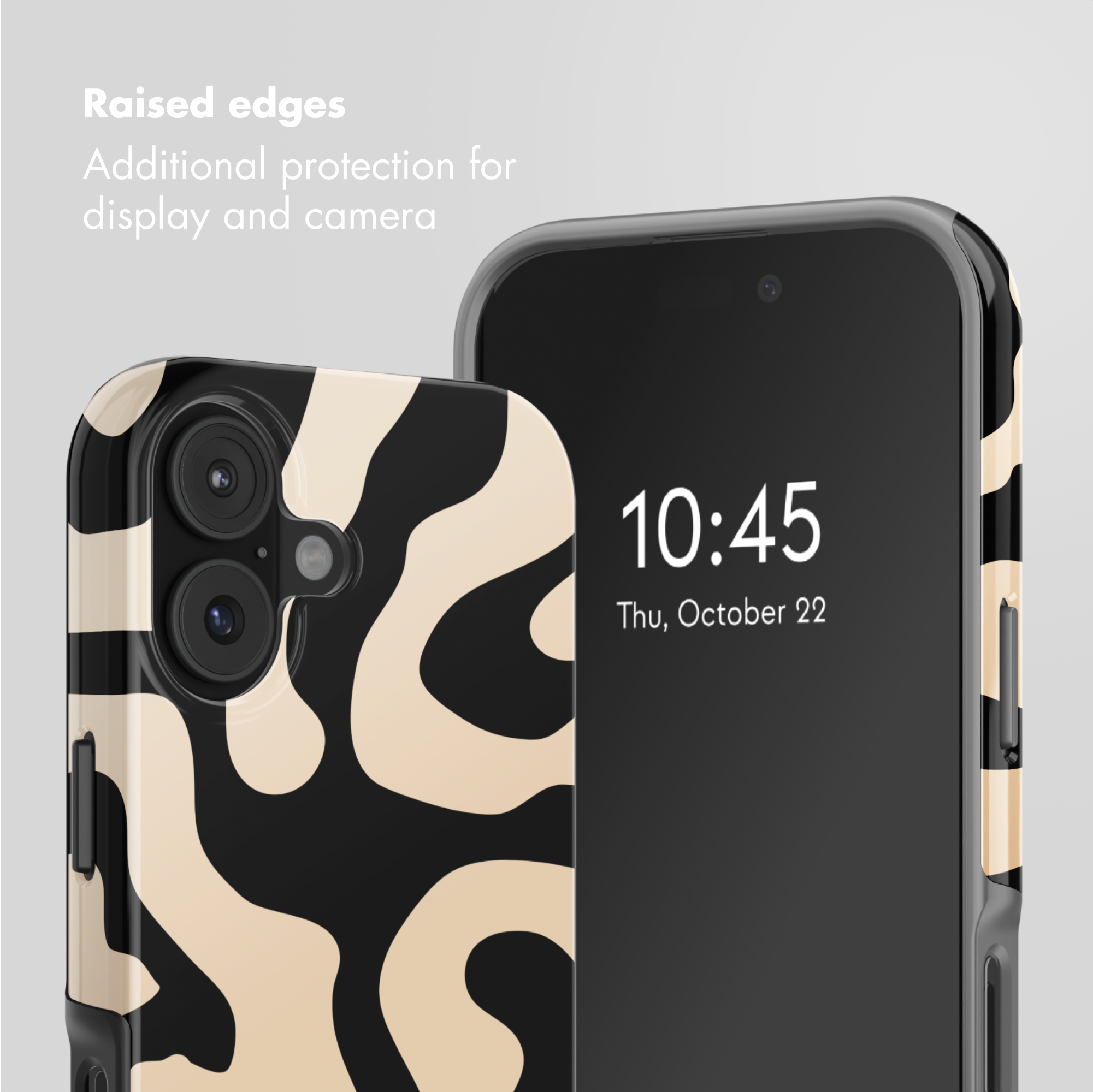 Smartphone in custodia con motivo astratto beige e nero, con bordi rialzati per protezione.