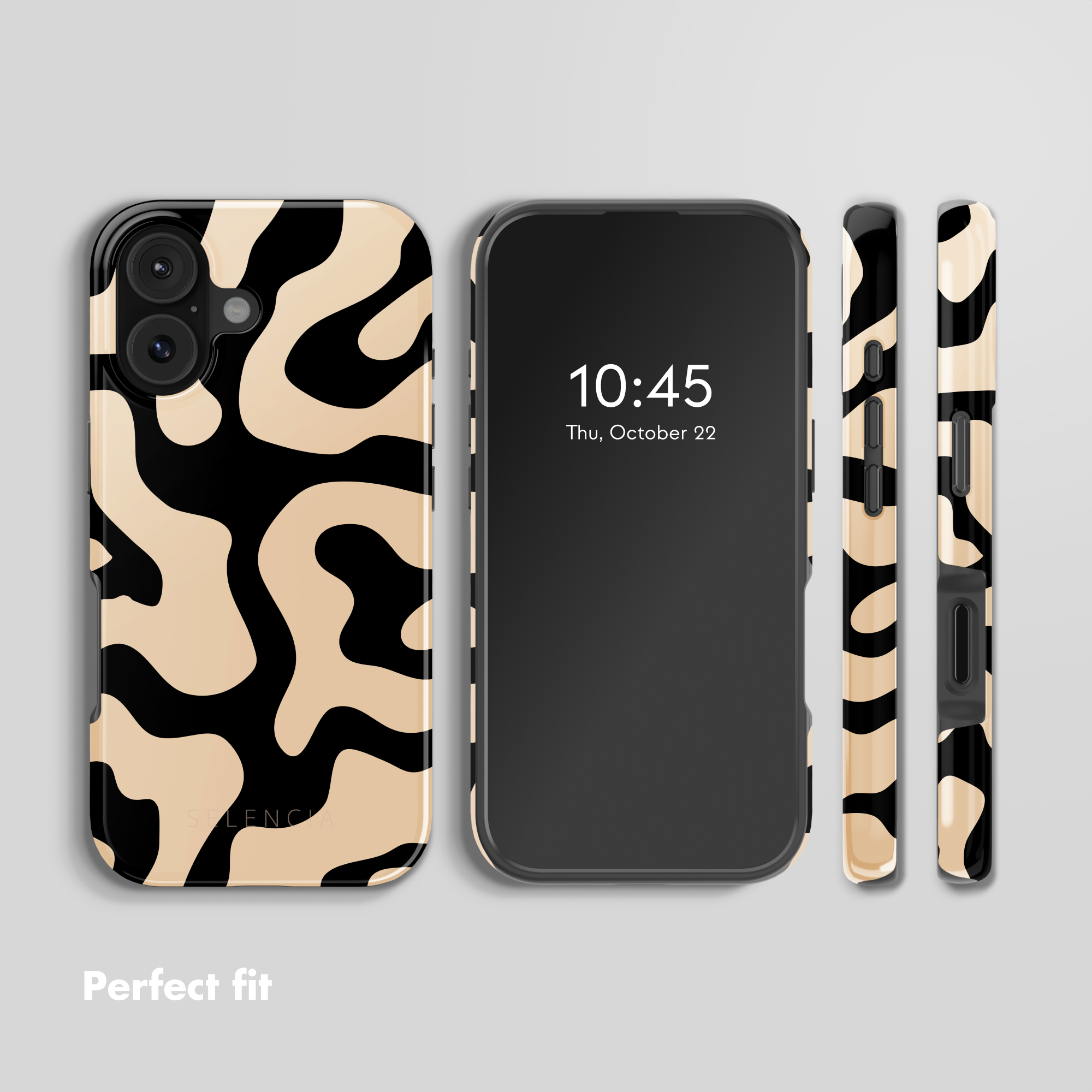 Smartphone con custodia protettiva a fantasia nera e beige mostrato da più angolazioni su sfondo grigio.