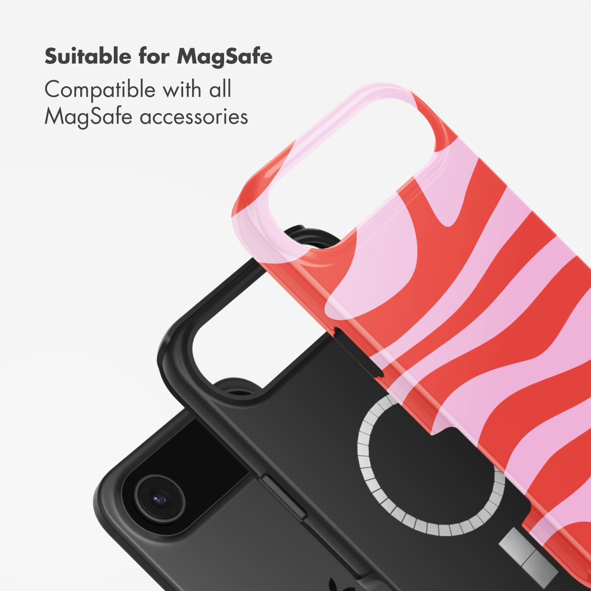 Custodia MagSafe con motivo zebrato rosso e rosa su cover interna nera con anello.