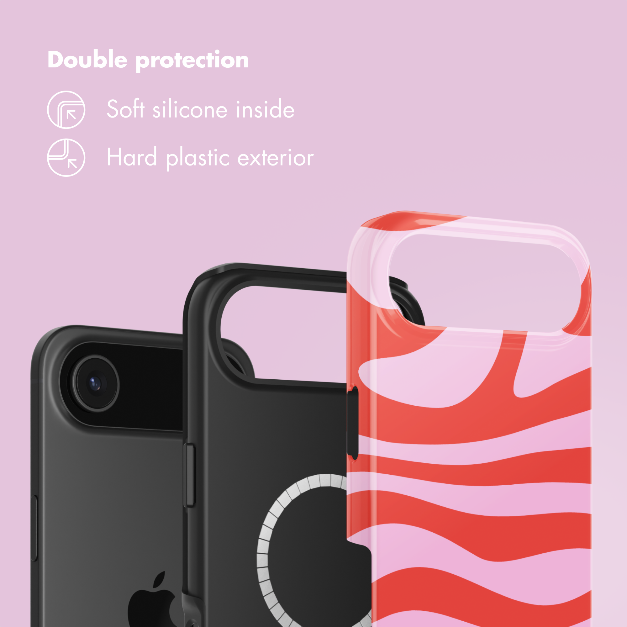 Tre custodie per telefono su sfondo rosa mostrano protezione: silicone morbido interno, esterno in plastica rigida.