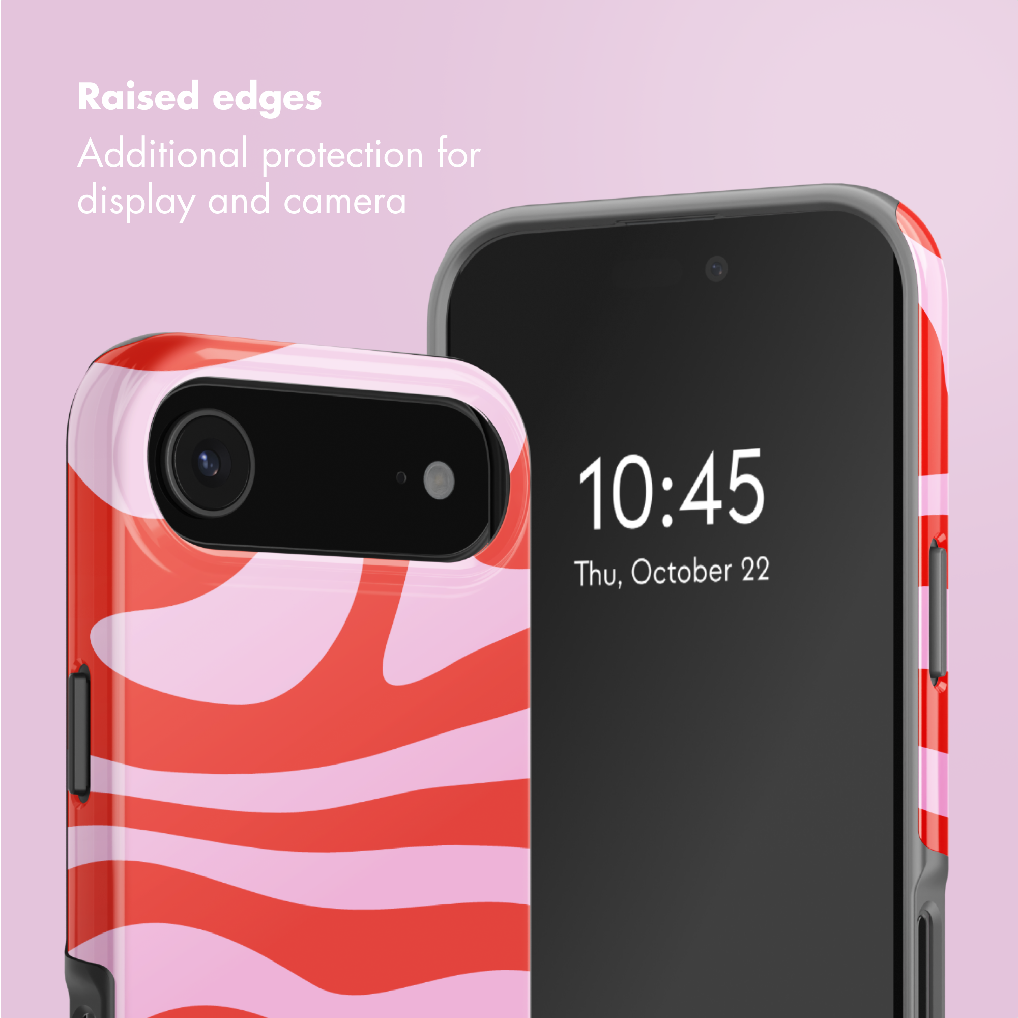 Due smartphone in custodie protettive con motivo ondulato rosa e rosso su sfondo rosa chiaro.