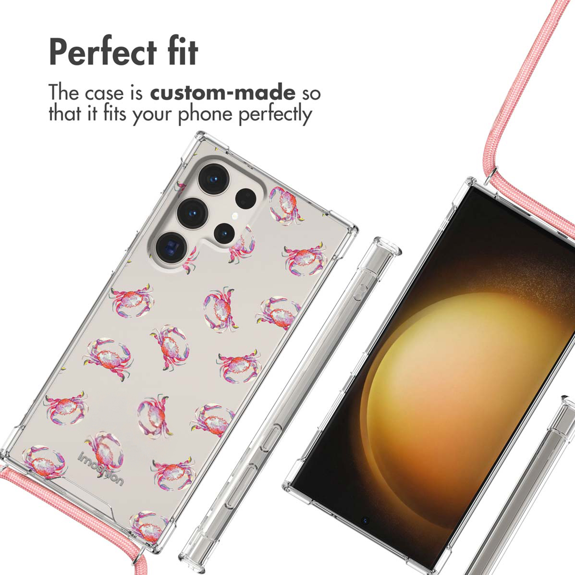 Une coque transparente avec des motifs de crabe, vue de face et de dos avec lanière rose.