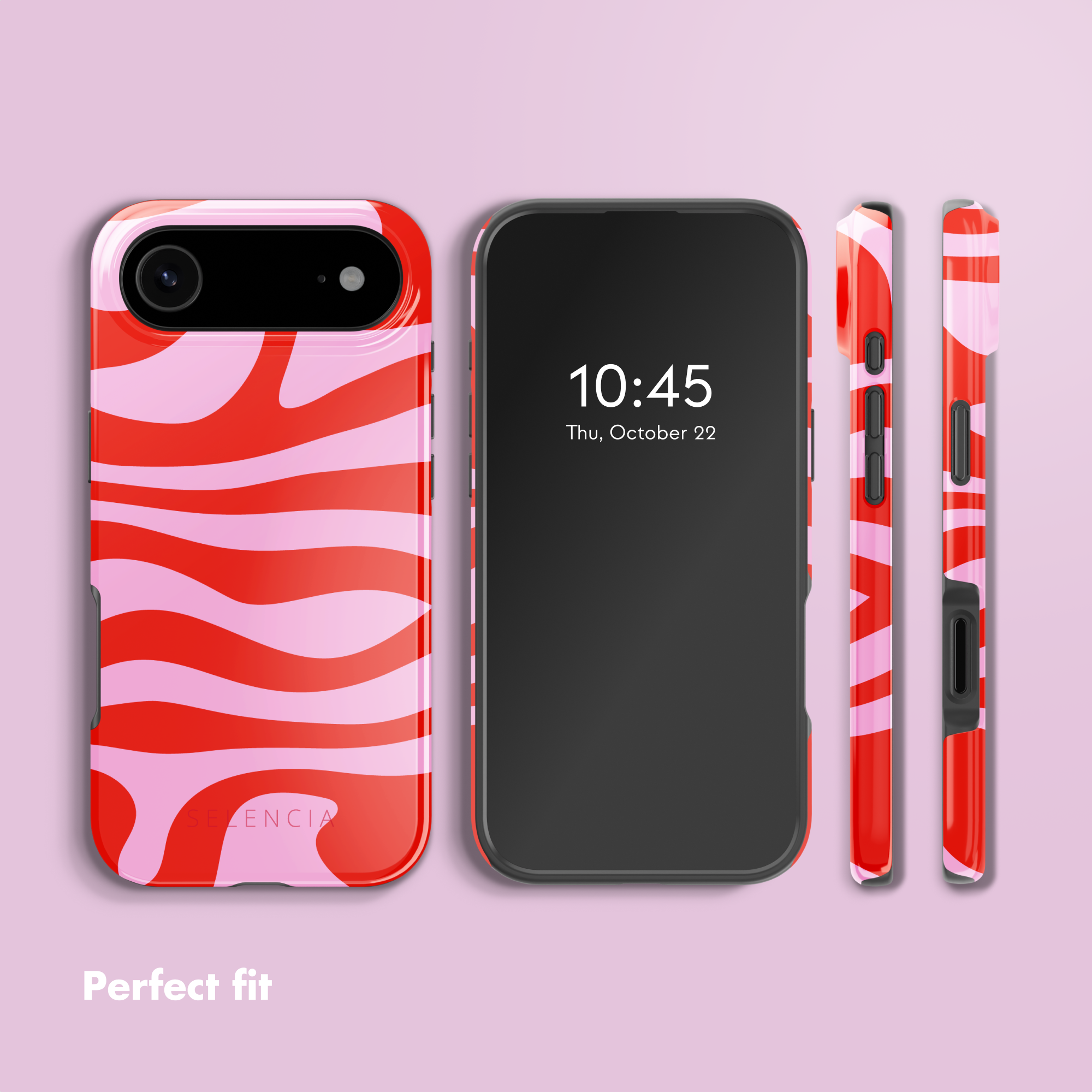 Smartphone in custodia con motivo rosso e rosa, mostrato da davanti, retro e lati.