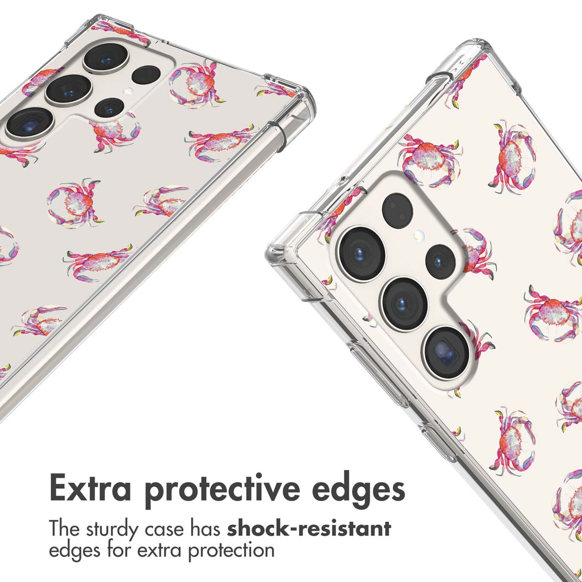 Coque de smartphone transparente avec motif de crabes rouges et bords antichoc.