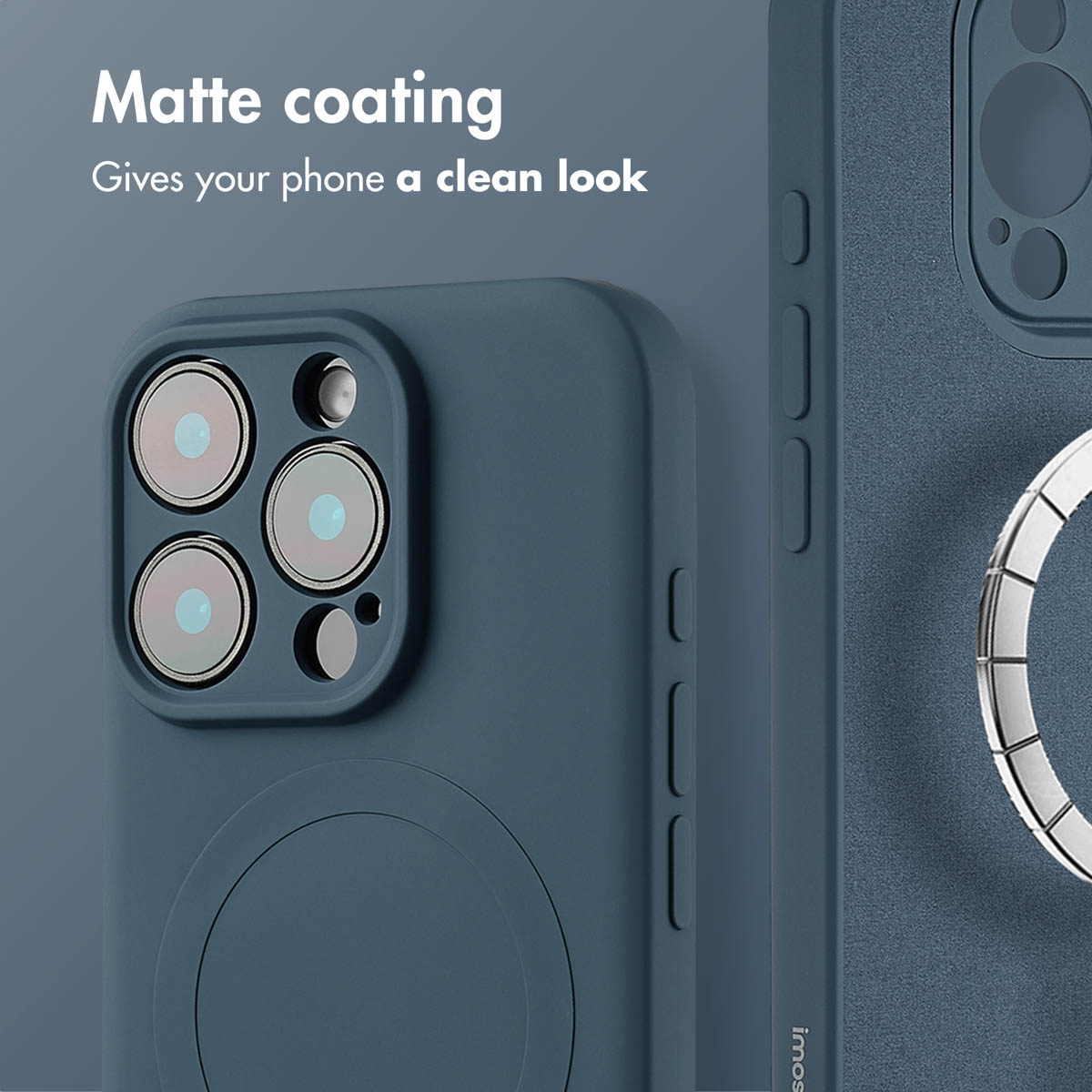 Una custodia per smartphone blu opaco con ritaglio per fotocamera e anello MagSafe, con il testo Matte coating clean look.