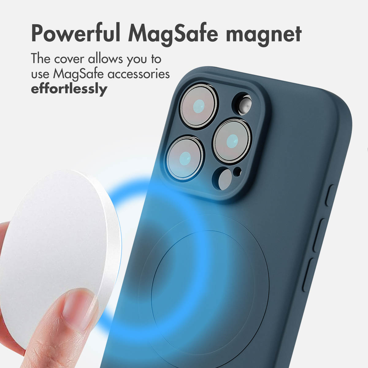 Custodia blu per telefono con magnete MagSafe e mano con accessori.
