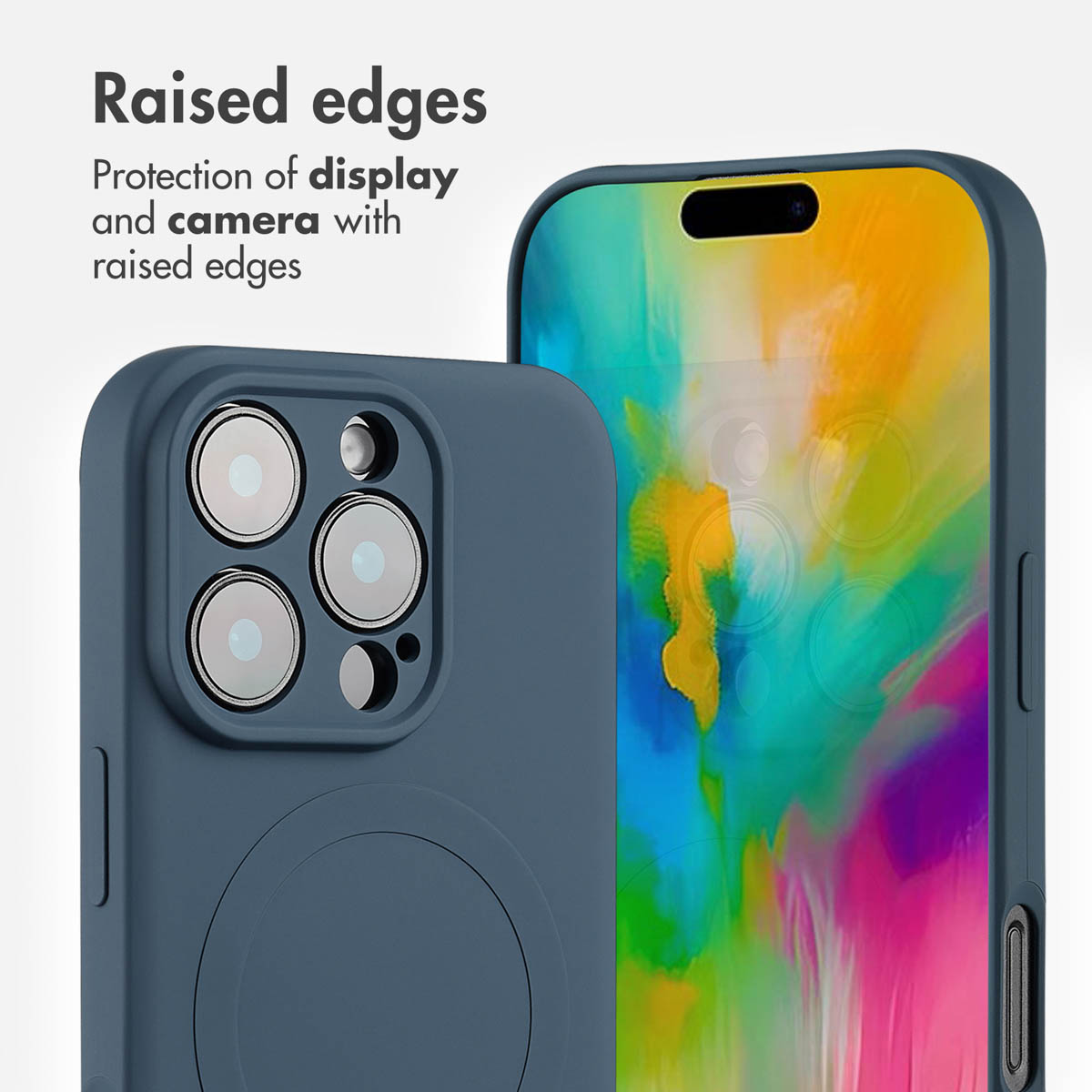 Cover per smartphone blu con bordi rialzati per proteggere display e fotocamera.