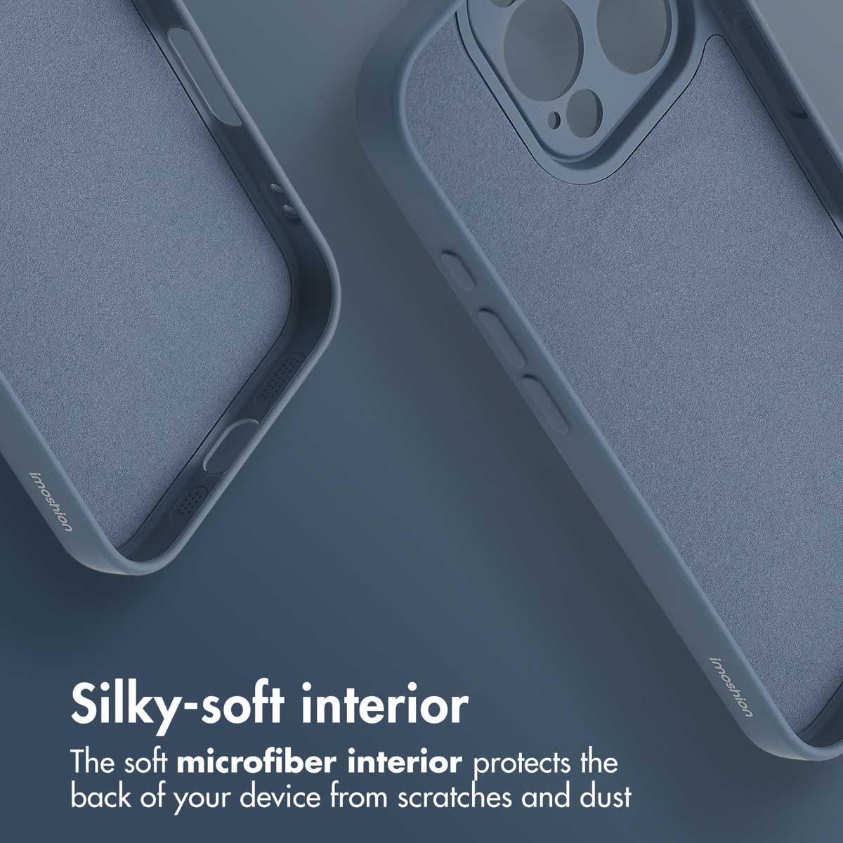 Custodia per telefono blu con interno in morbida microfibra e testo.