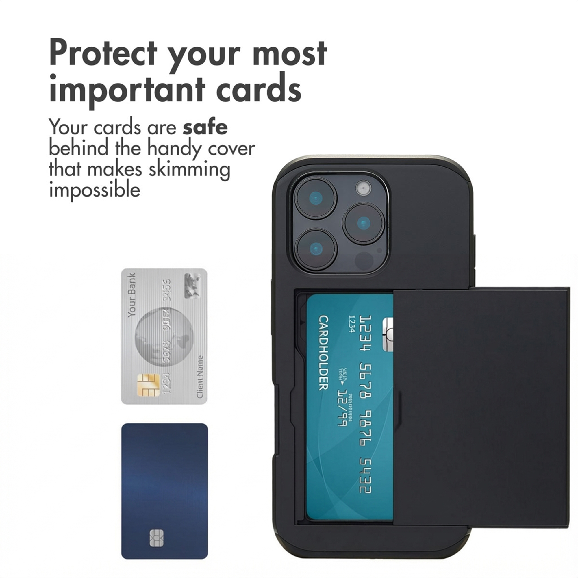 Custodina protettiva nera con porta carte sul retro, accanto a due carte di credito e testo promozionale.