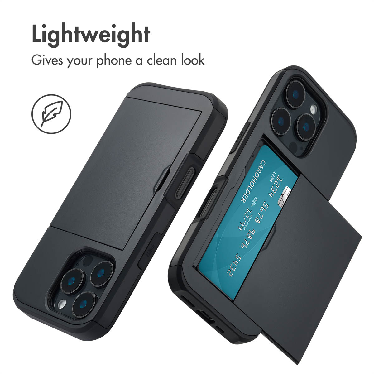 Custodia per smartphone nera con porta carte e testo 'Lightweight'.