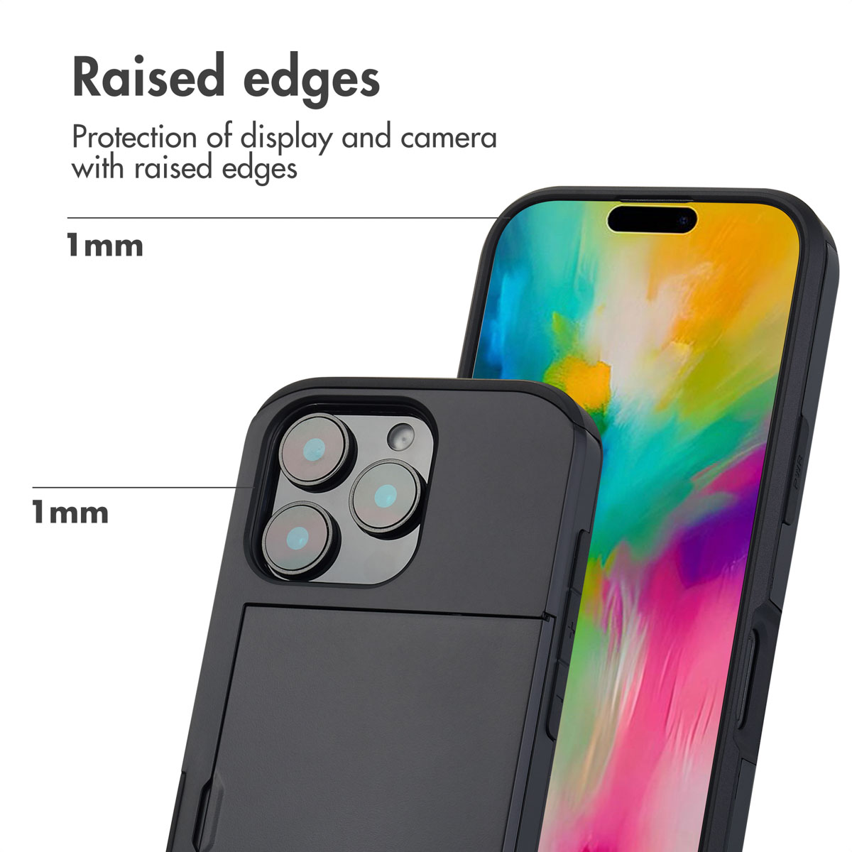 Smartphone in custodia nera con bordi rialzati di 1 mm per la protezione di display e fotocamera.