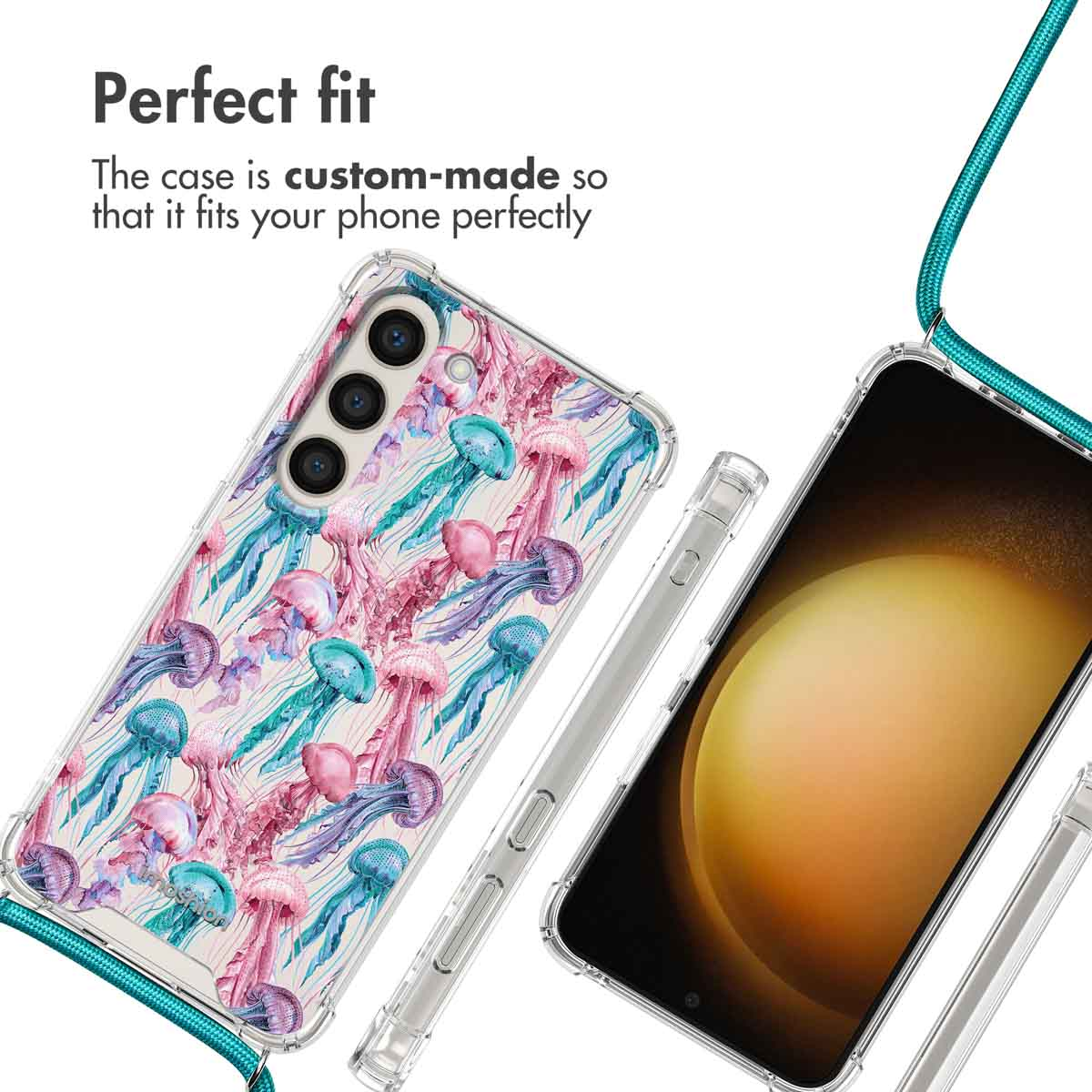 Coque de téléphone transparente avec motif de meduses colorées et lanière turquoise, à côté d'un smartphone.