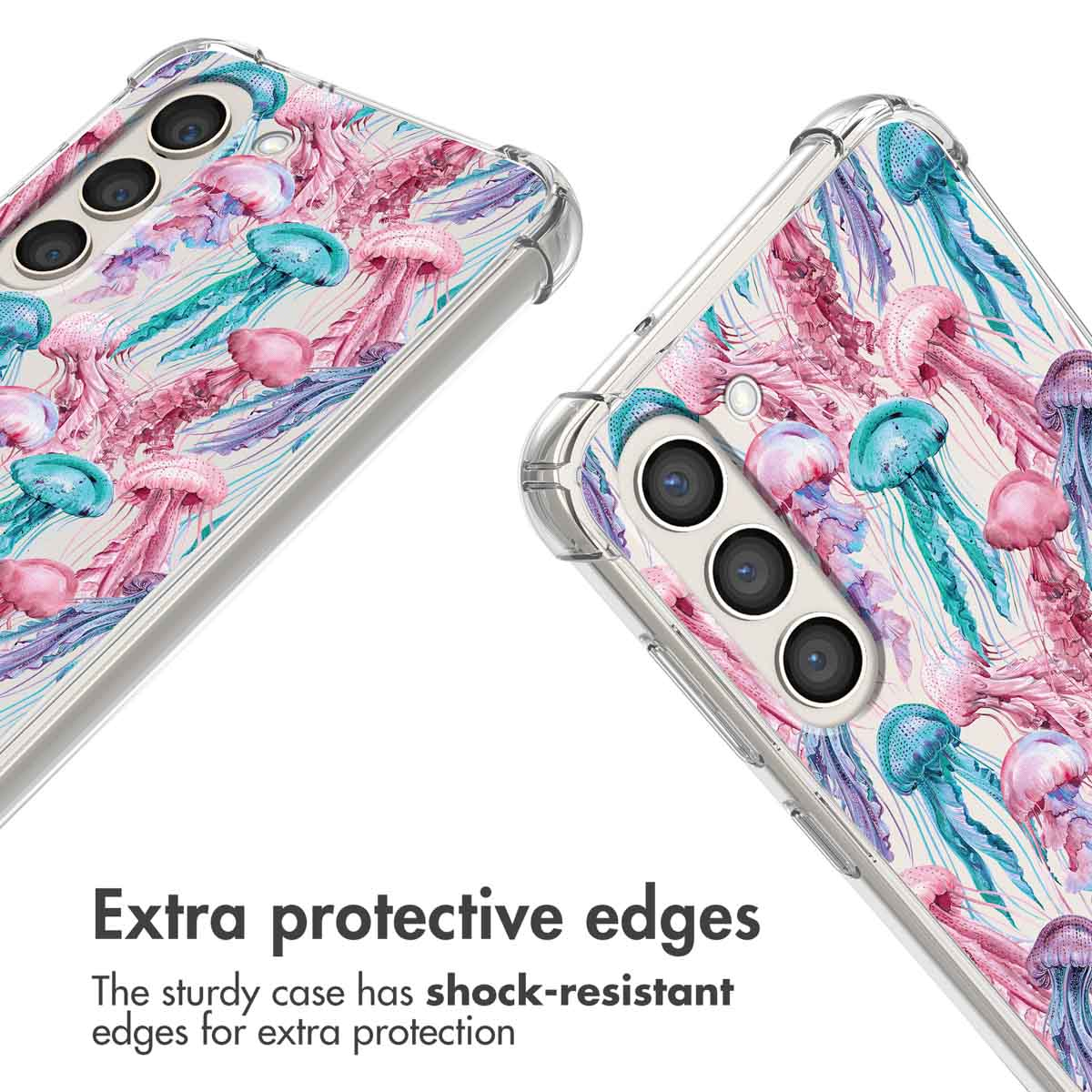 Coque transparente avec motif de méduses colorées et bords antichocs.