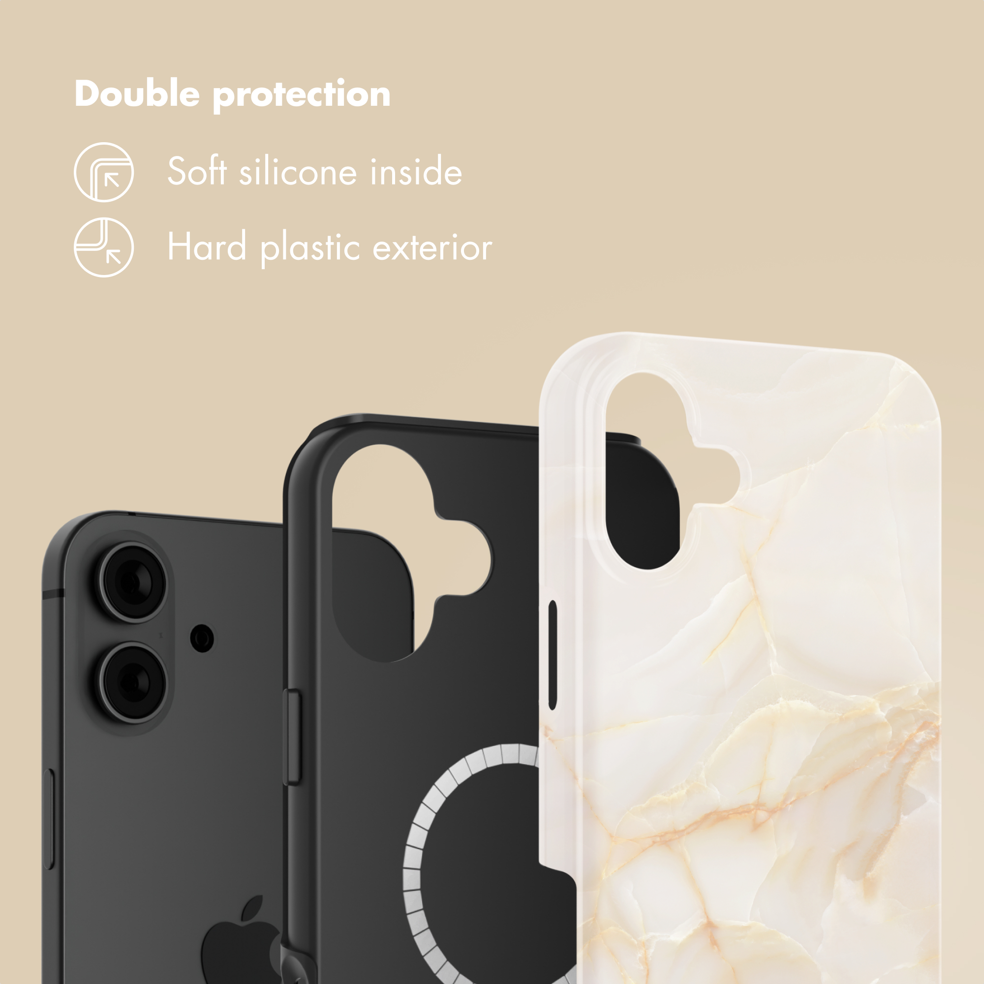 Un teléfono con una funda negra y otra de mármol blanco que destaca su doble protección.