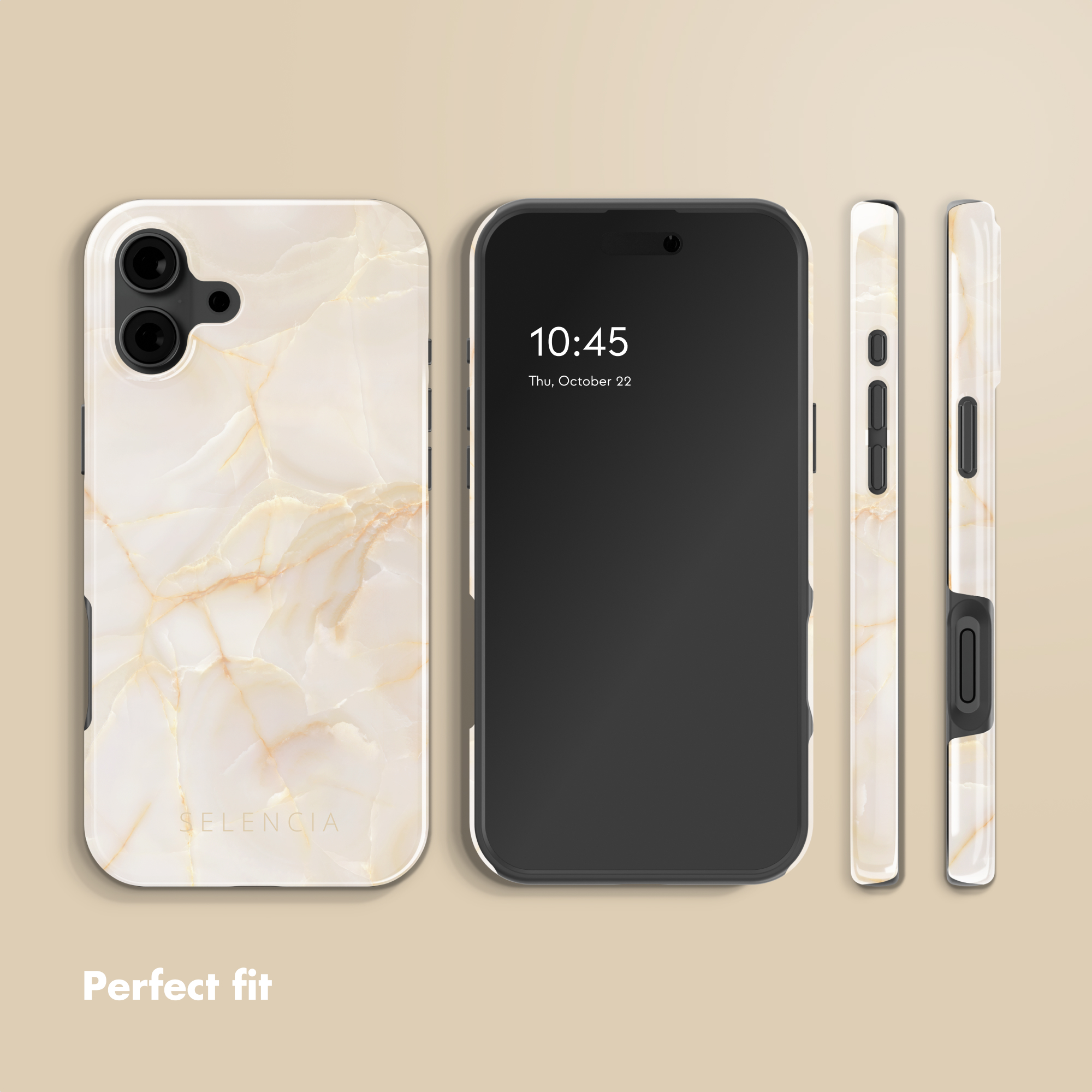 Smartphone con funda de mármol blanco y dorado, visto desde el frente, la parte posterior y los lados en fondo beige.