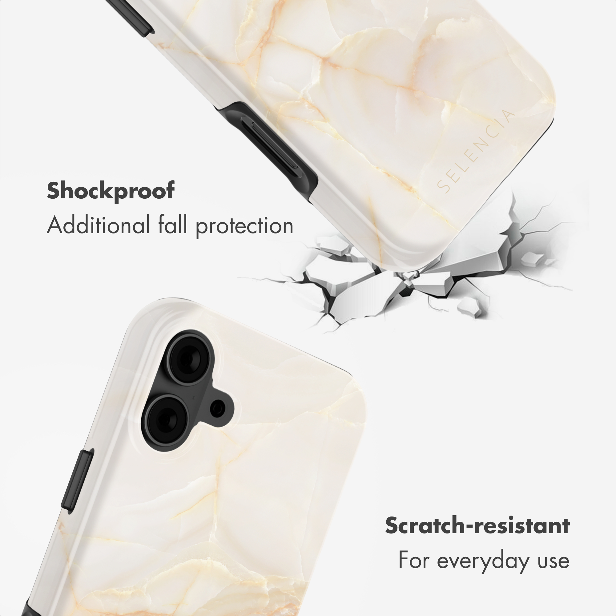 Funda de teléfono marmolada con texto sobre resistencia a golpes y arañazos.
