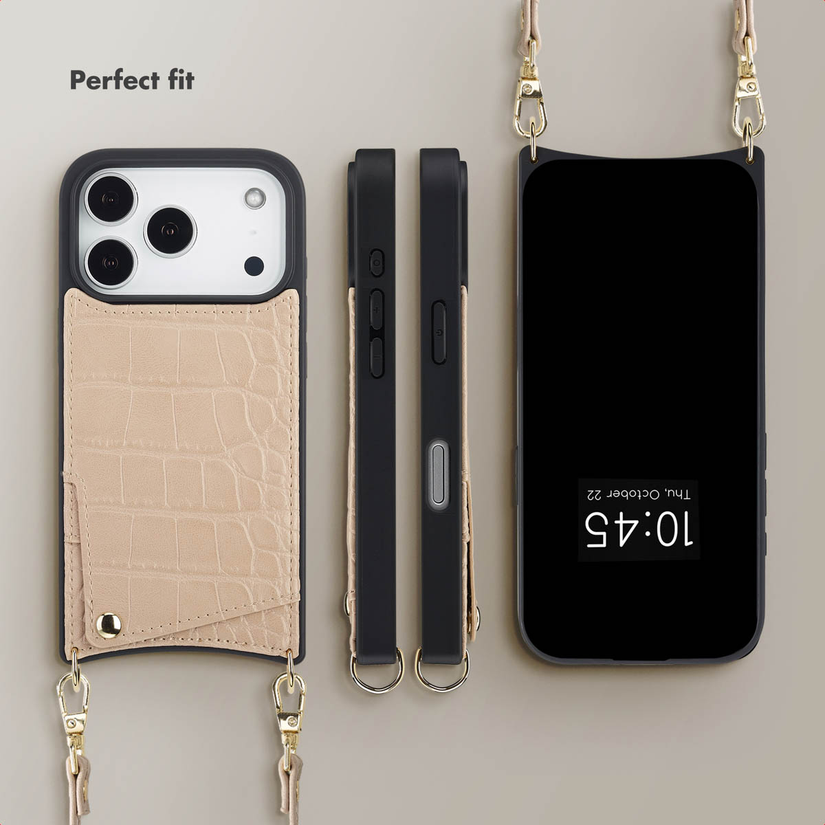 Funda para smartphone con tarjetero de cocodrilo beis y correa, vista desde varios ángulos.