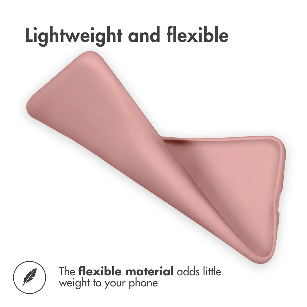 Une coque de téléphone en silicone rose se plie, avec le texte Lightweight and flexible.