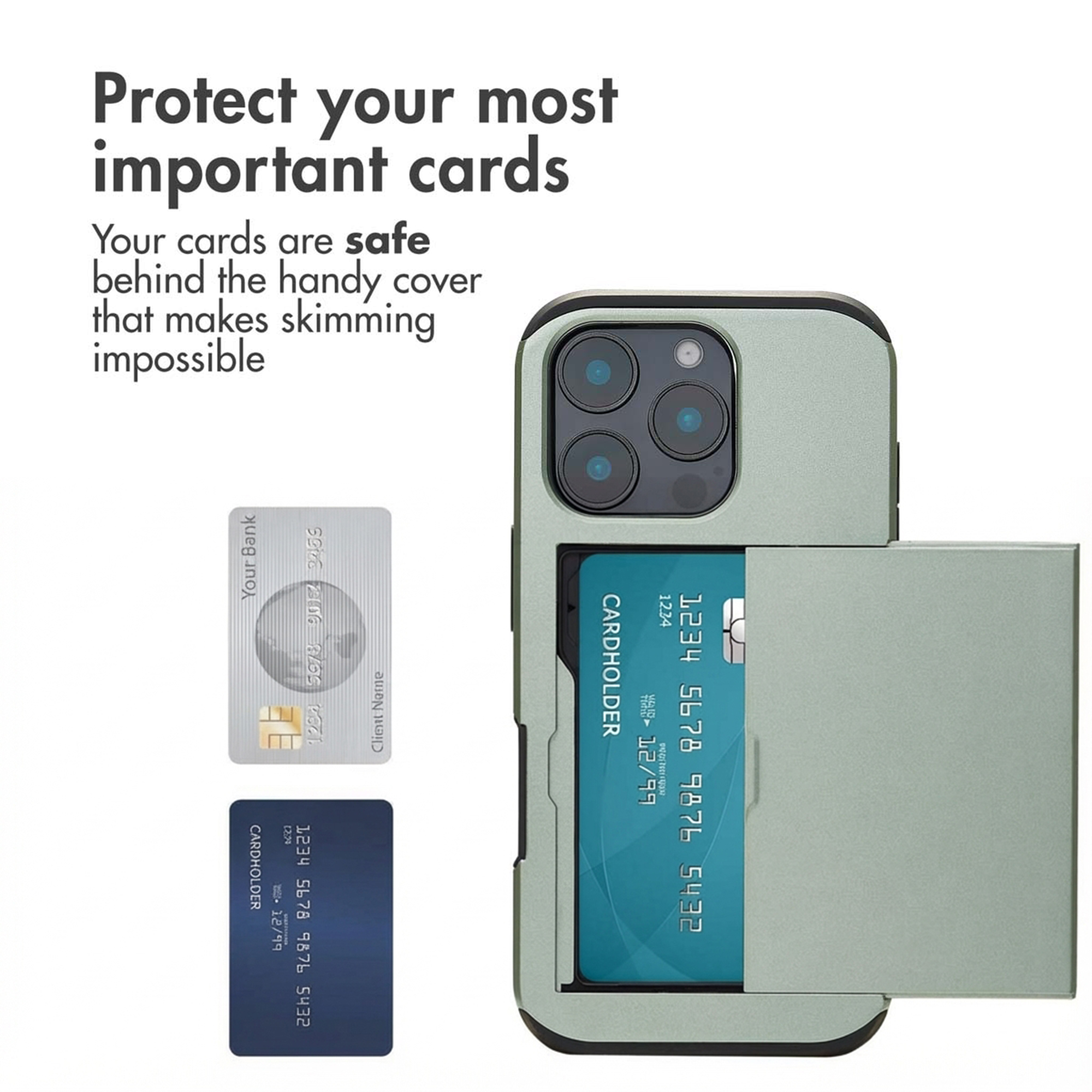Una custodia per telefono verde chiaro con porta carte scorrevole contenente una carta blu e testo pubblicitario a sinistra.