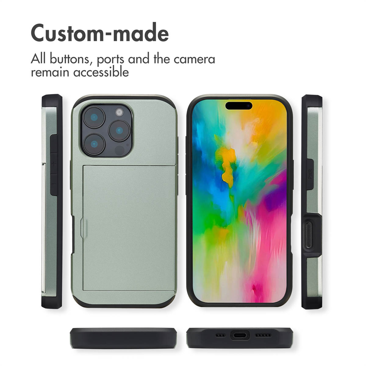 Custodia verde per smartphone con vano carte, vista frontale, posteriore e laterale.