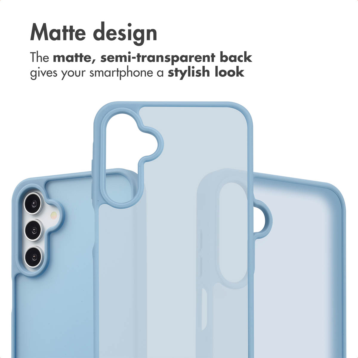 Fundas para teléfonos móviles de color azul claro mate con recortes para la cámara sobre fondo blanco.