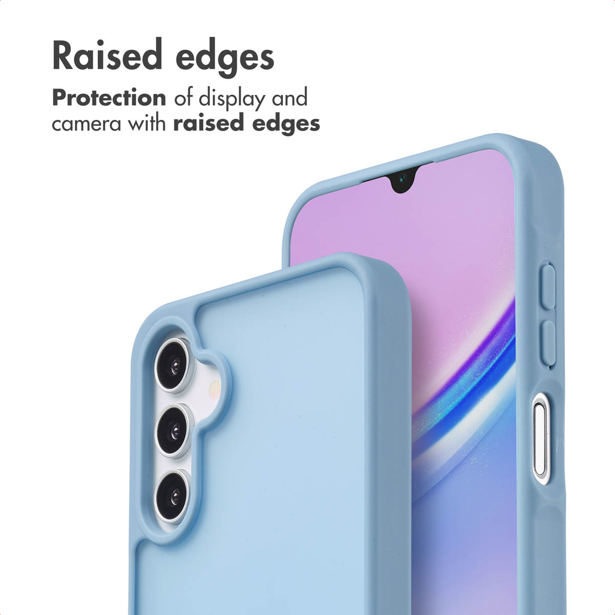 Funda protectora azul claro para smartphone con bordes elevados para proteger la pantalla y cámara.