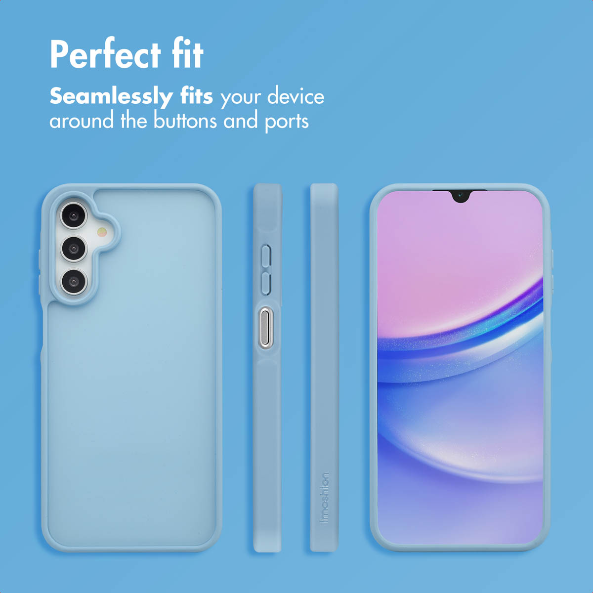 Funda de teléfono azul con recortes precisos para botones y puertos sobre fondo azul.