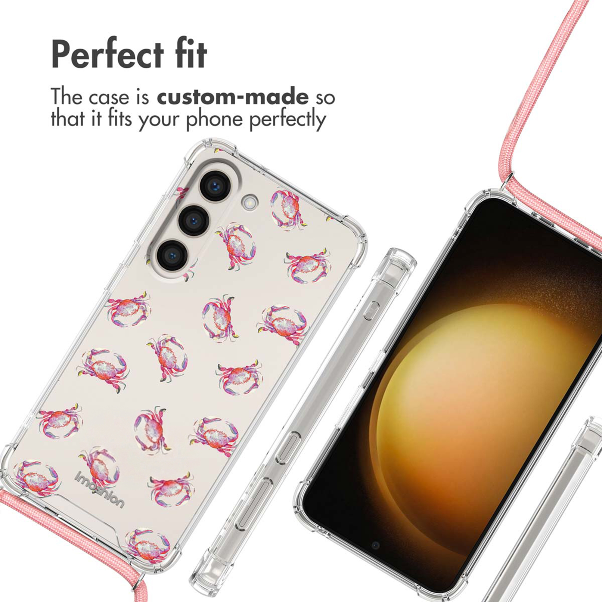 Coque de téléphone transparente avec motif de crabe et cordon rose.
