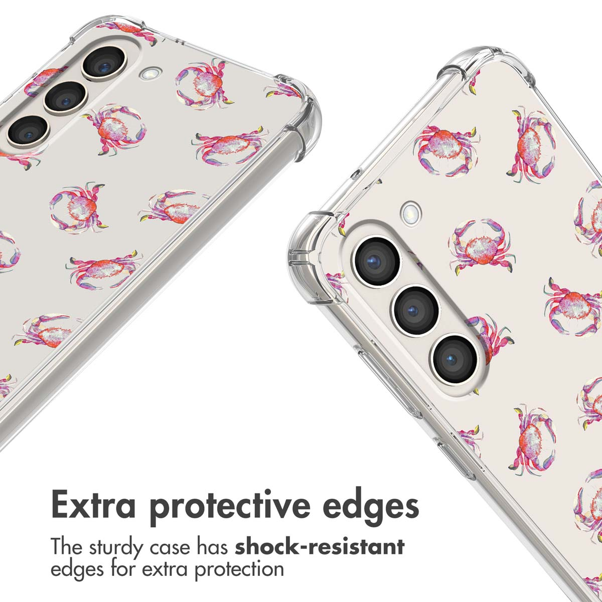 Coque de téléphone transparente avec des motifs de crabes colorés et des coins antichocs.