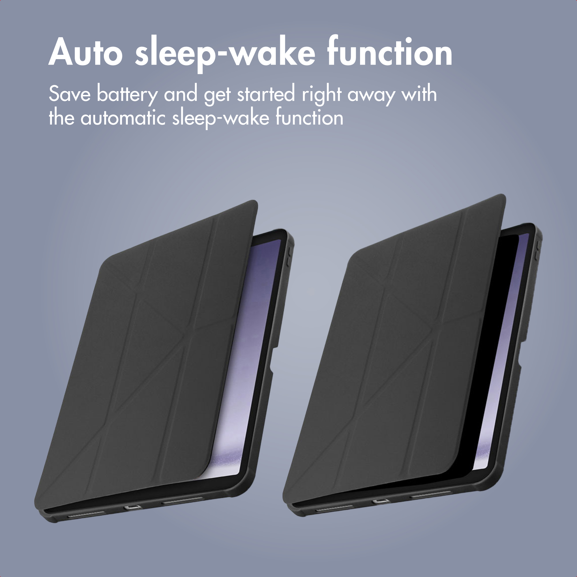 Twee zwarte tablethoezen demonstreren de auto-sleep-wake-functie tegen een grijze achtergrond.