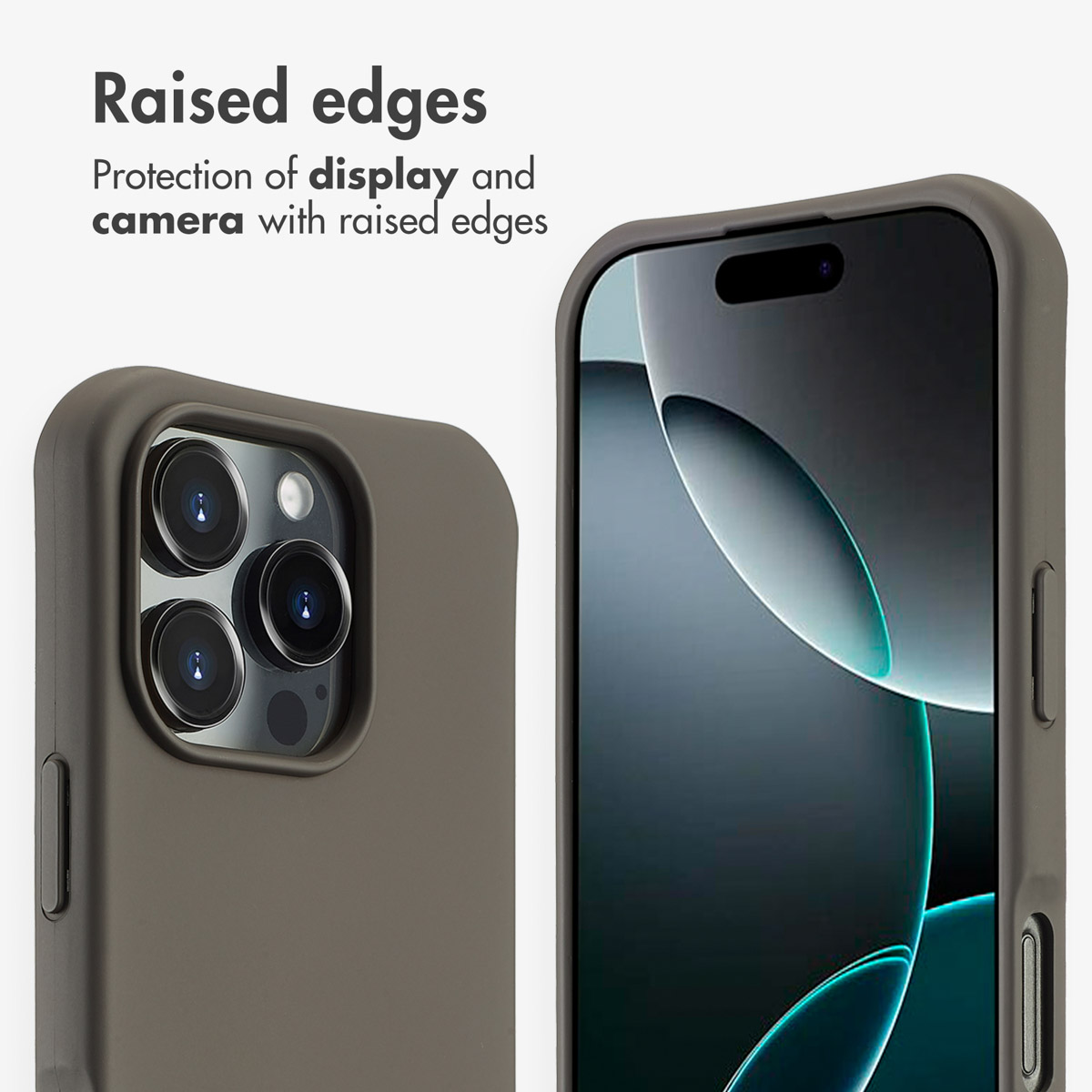 Smartphone in una custodia grigia con bordi rialzati per schermo e fotocamera.