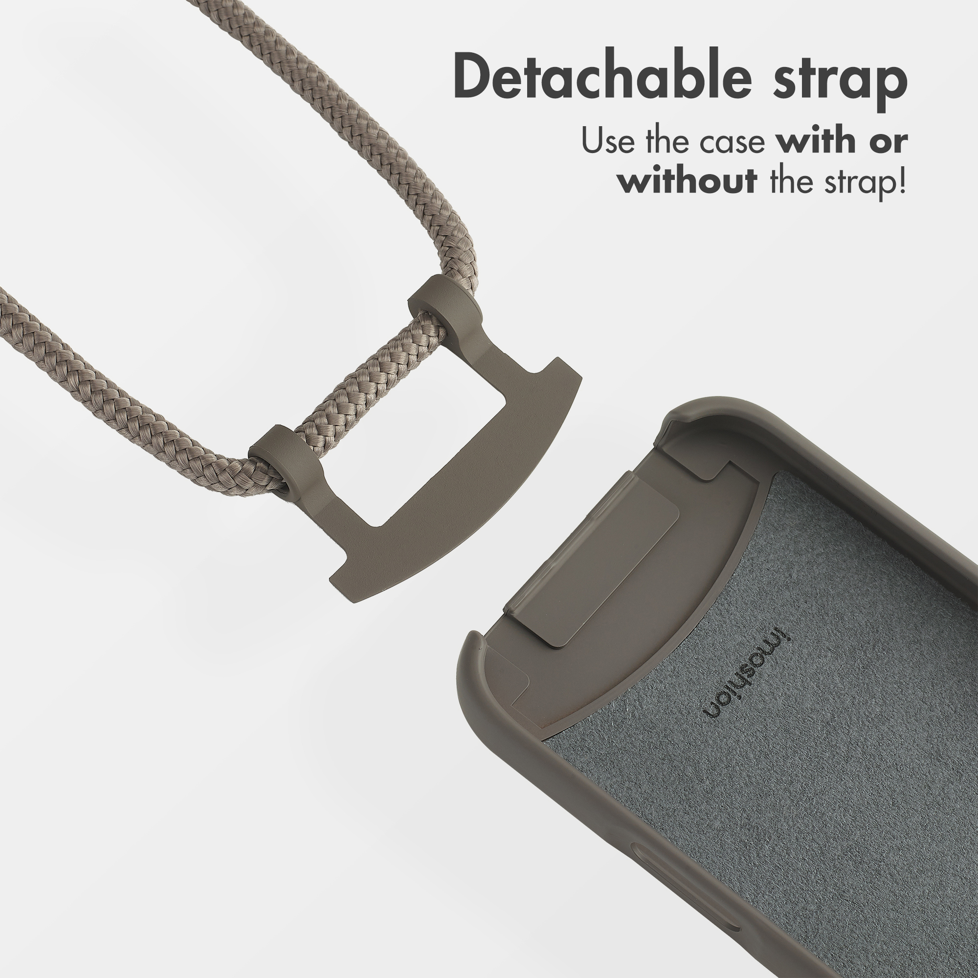 Tracolla rimovibile per custodia smartphone su sfondo grigio con testo.